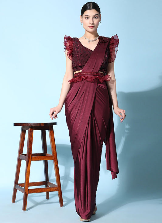 Designer Imported Maroon Ruffle Saree