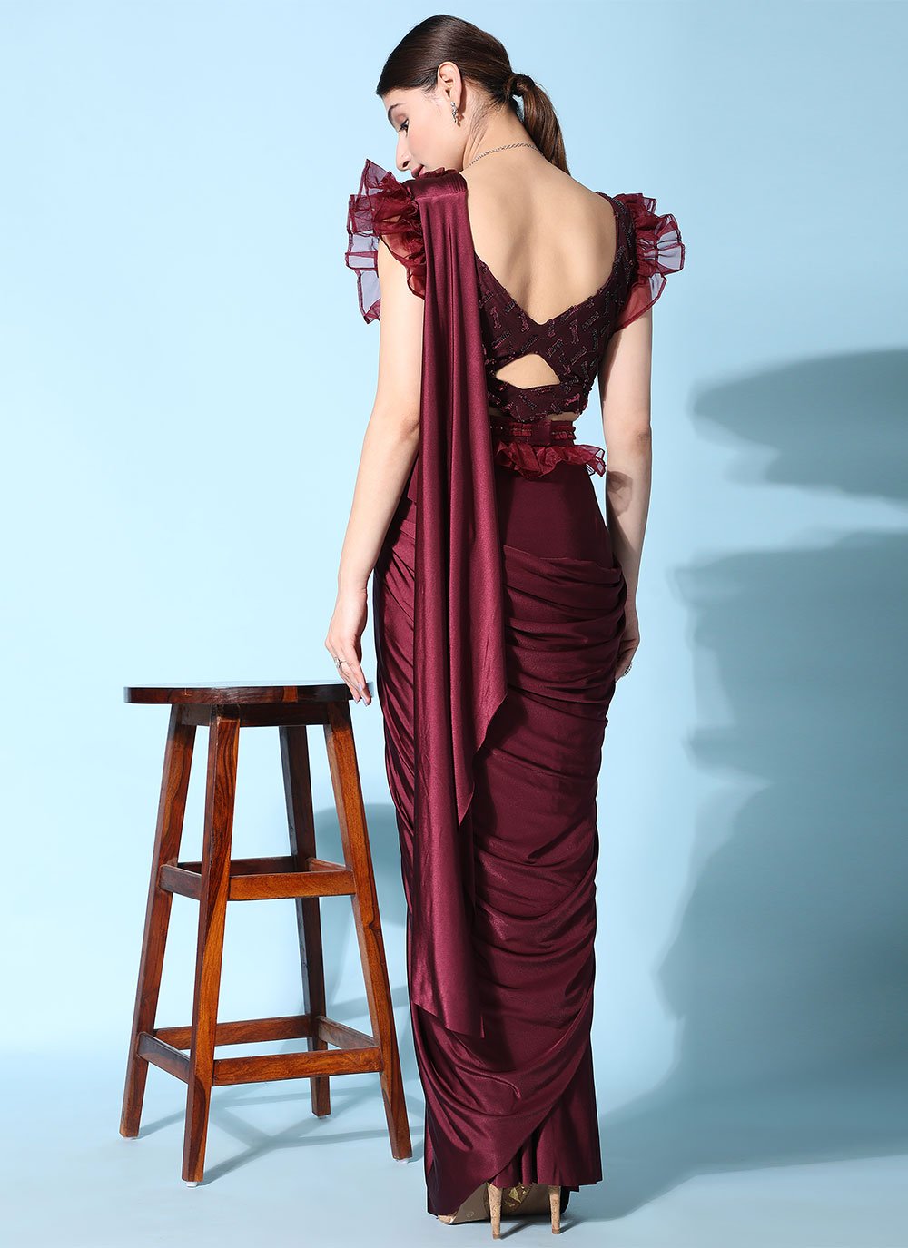 Designer Imported Maroon Ruffle Saree