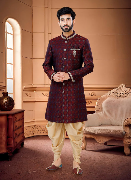 Indo Western Sherwani Jacquard Maroon Embroidered Mens