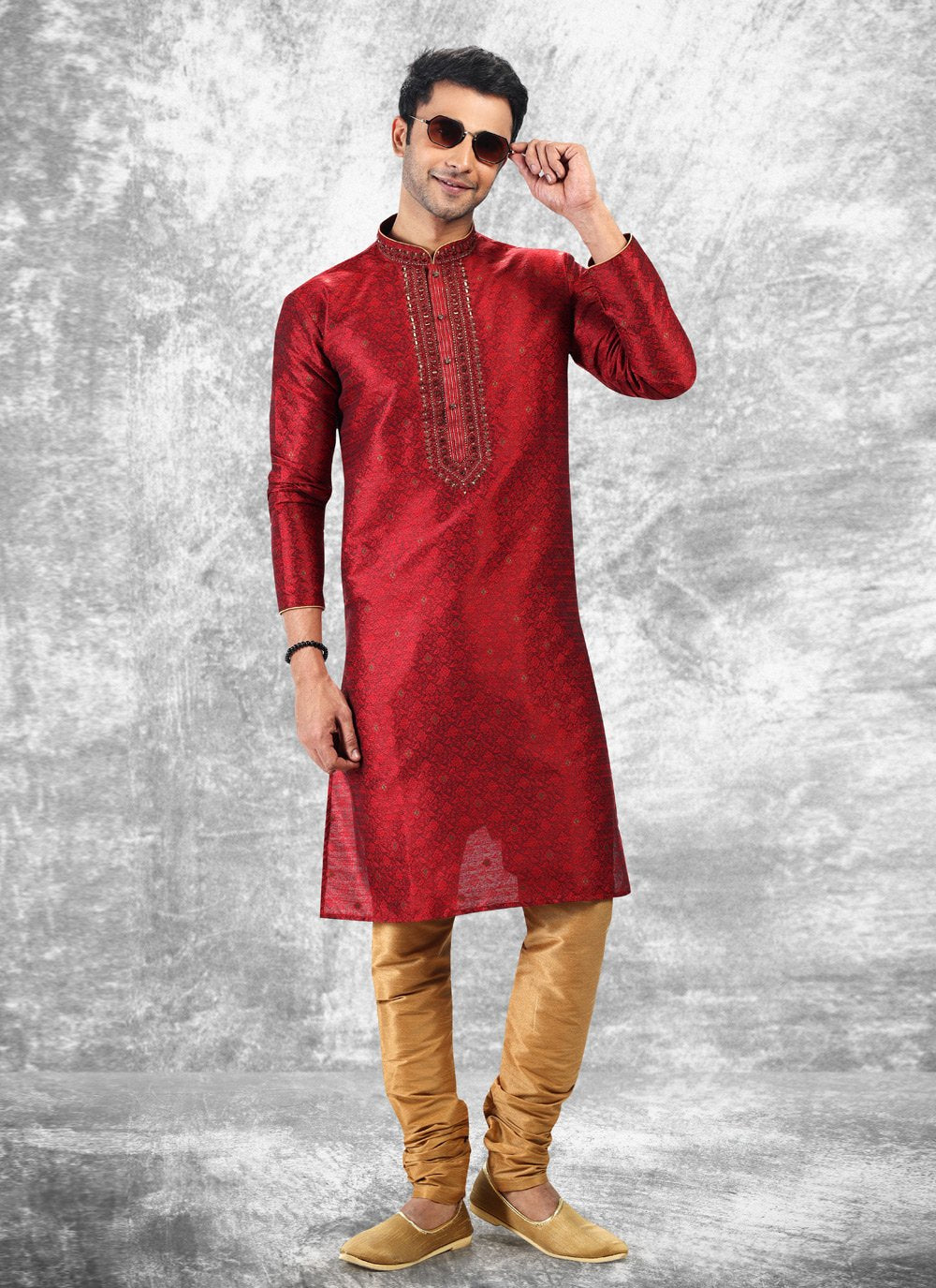 Kurta Pyjama Brocade Jacquard Silk Maroon Fancy Work Mens