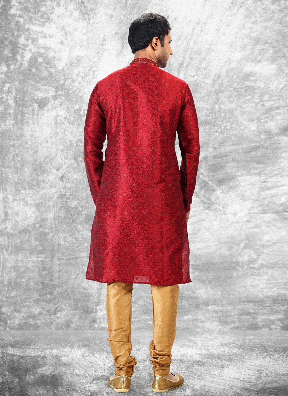 Kurta Pyjama Brocade Jacquard Silk Maroon Fancy Work Mens