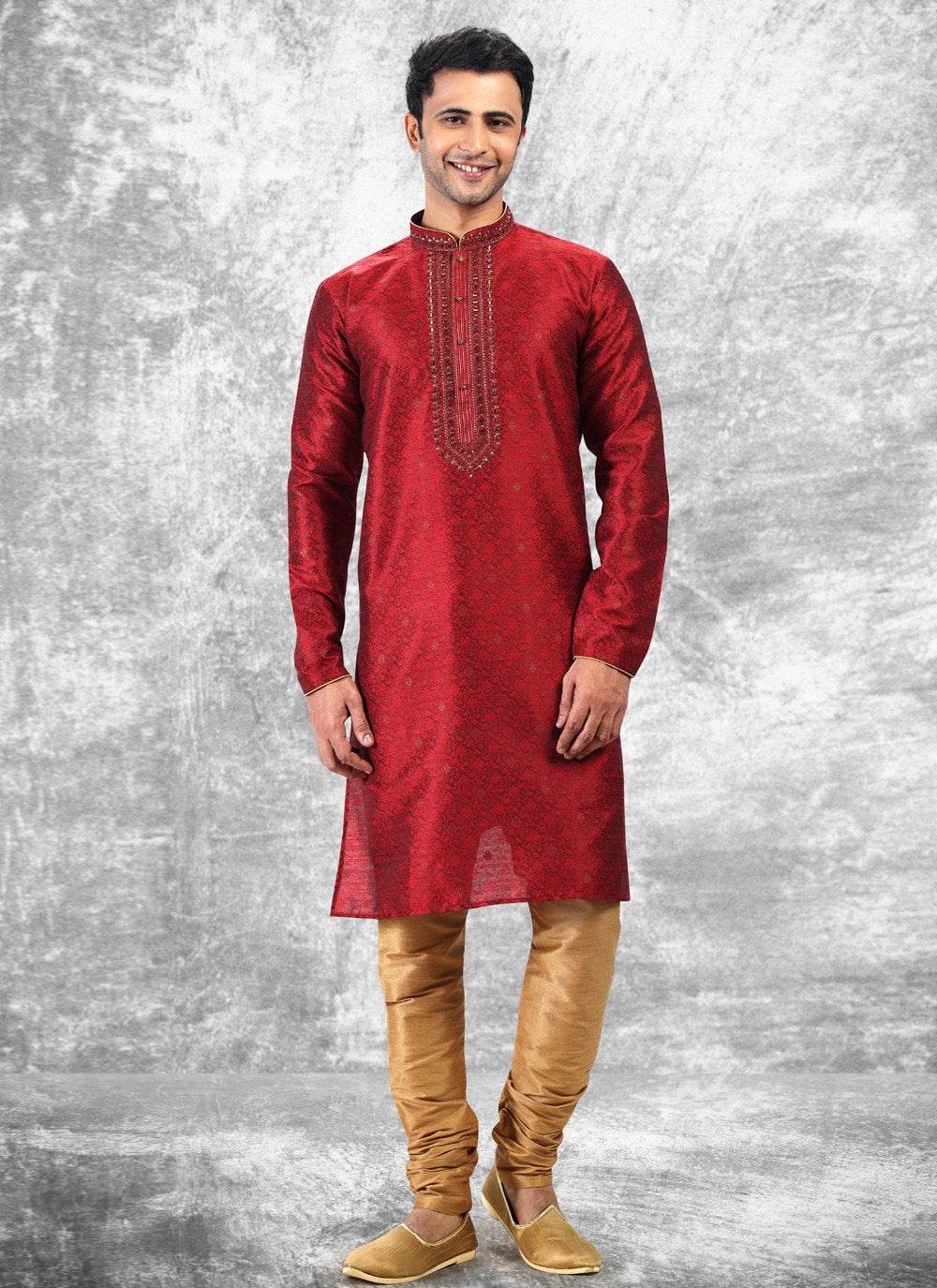 Kurta Pyjama Brocade Jacquard Silk Maroon Fancy Work Mens