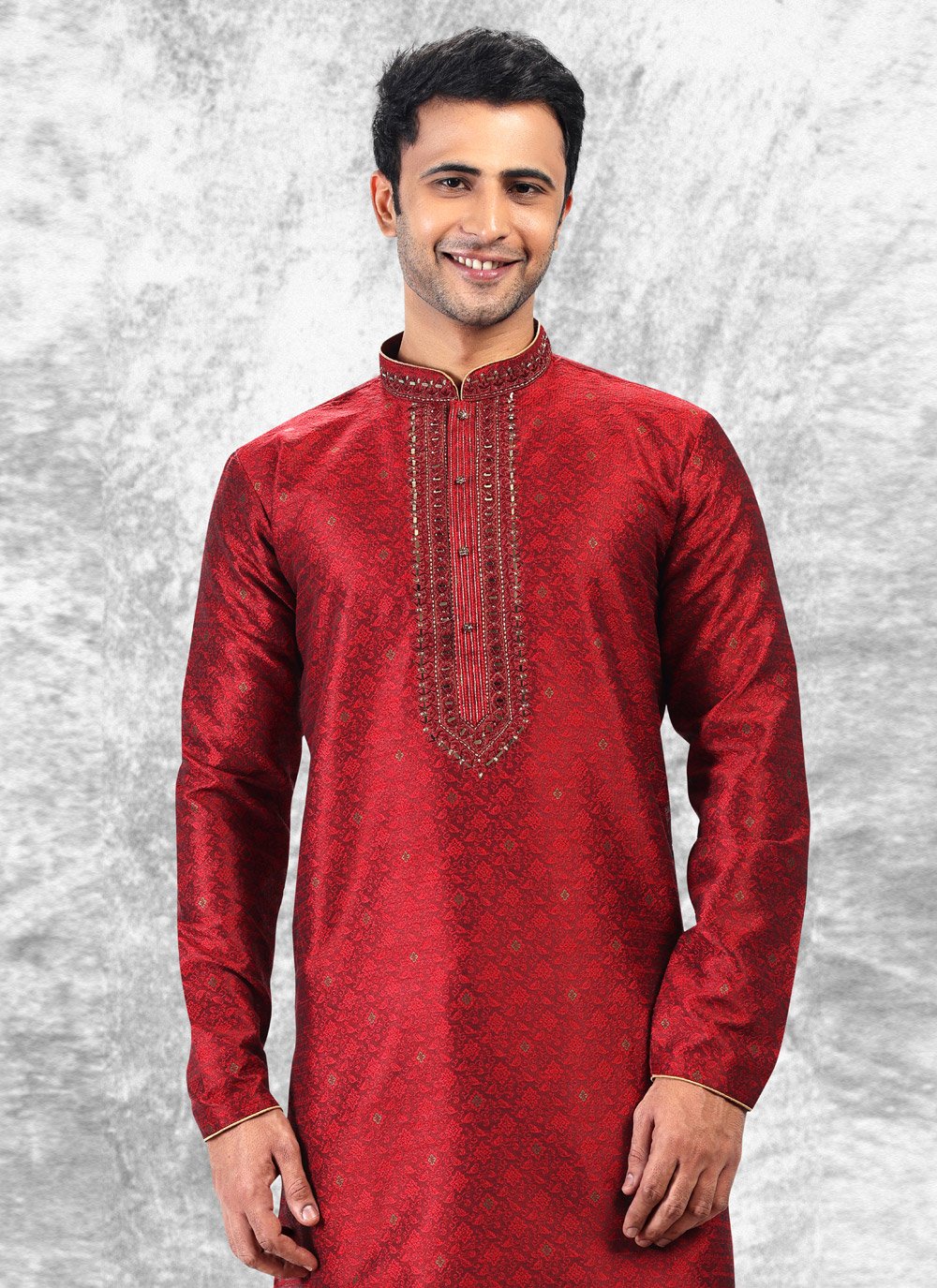 Kurta Pyjama Brocade Jacquard Silk Maroon Fancy Work Mens