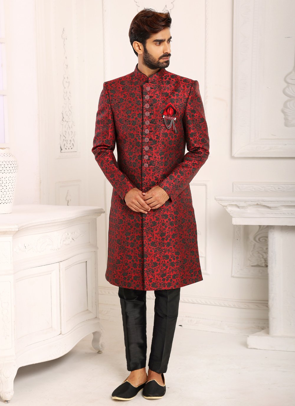 Indo Western Imported Jacquard Maroon Embroidered Mens