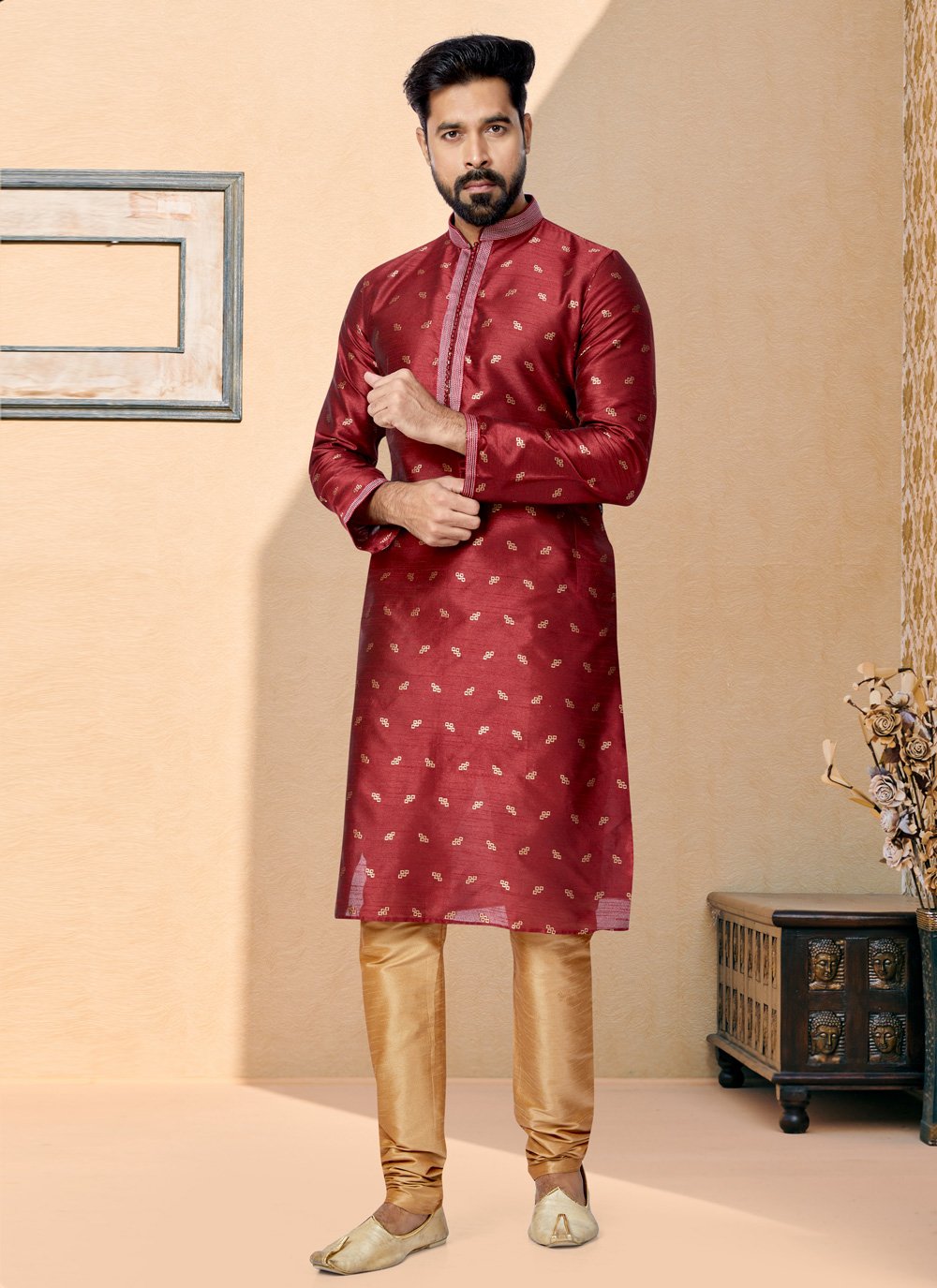 Kurta Pyjama Banarasi Silk Jacquard Maroon Jacquard Work Mens