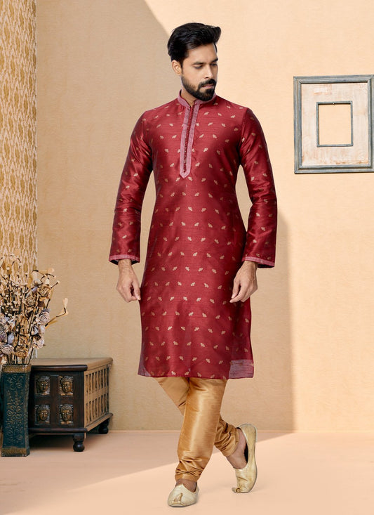 Kurta Pyjama Banarasi Silk Jacquard Maroon Jacquard Work Mens