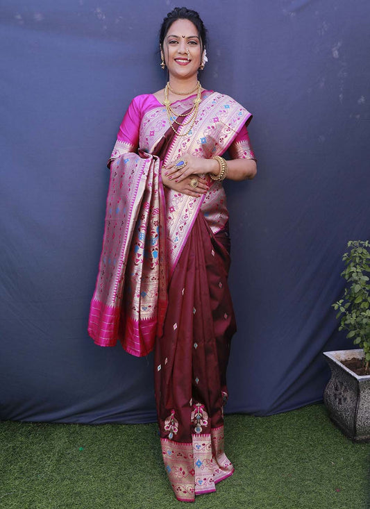 Classic Banarasi Silk Maroon Jacquard Work Saree