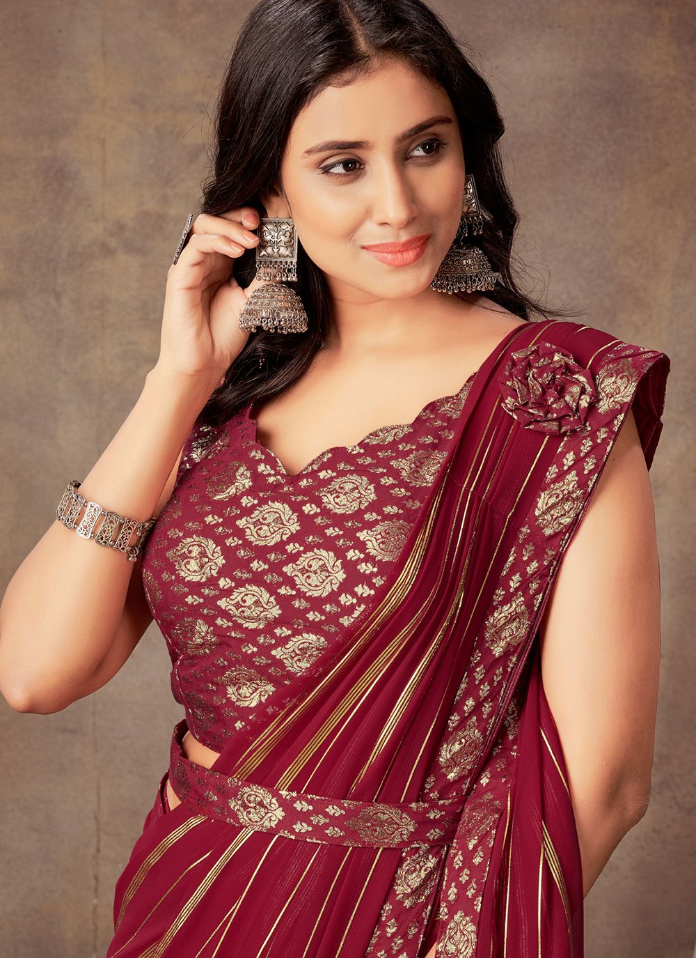 Classic Georgette Maroon Jacquard Work Saree