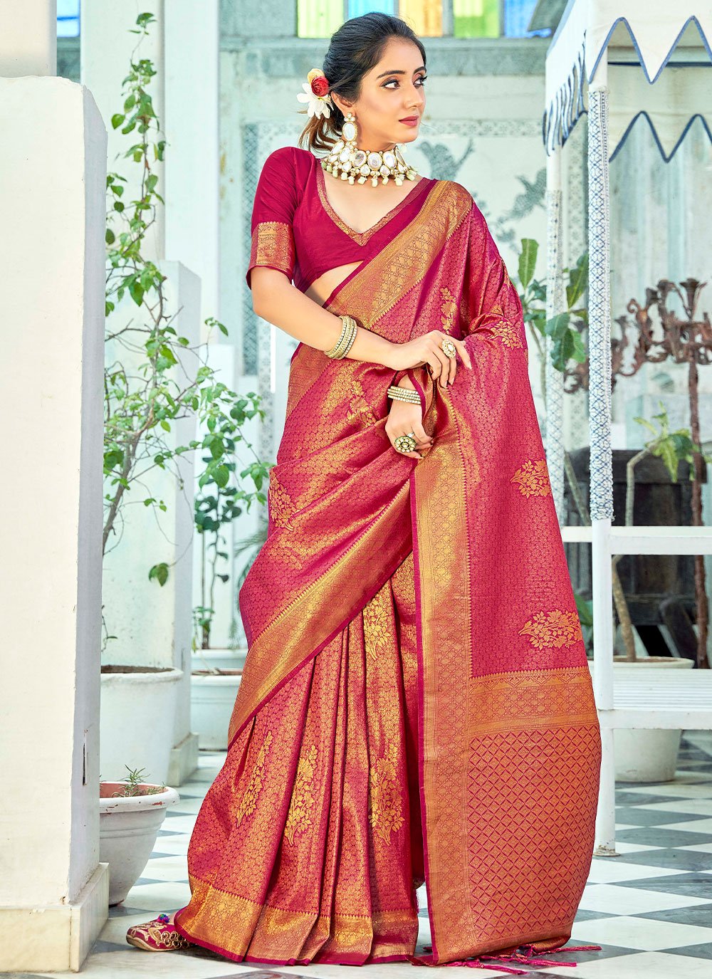 Contemporary Kanjivaram Silk Maroon Woven Saree