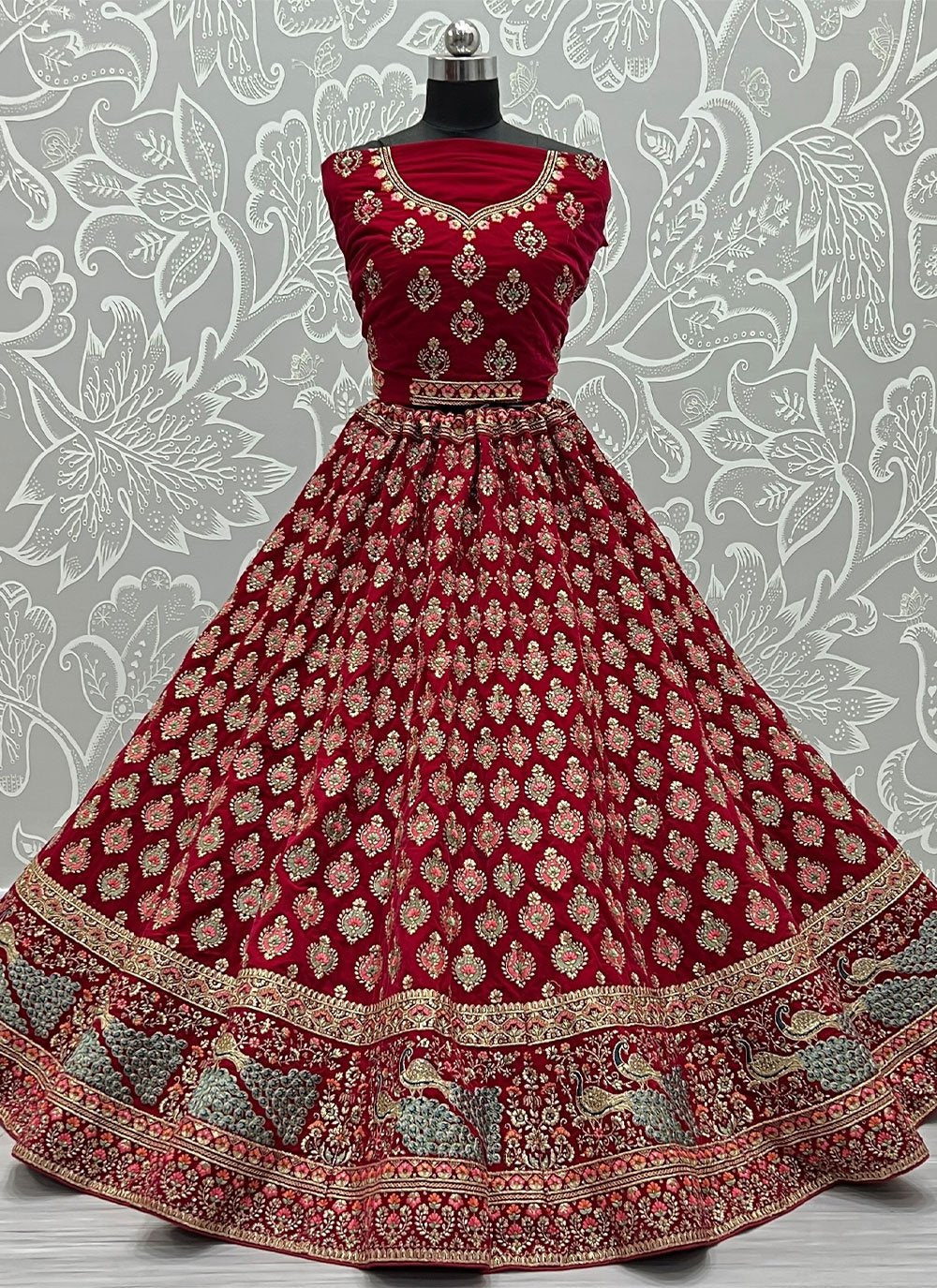 A Line Lehenga Velvet Maroon Booti Lehenga Choli