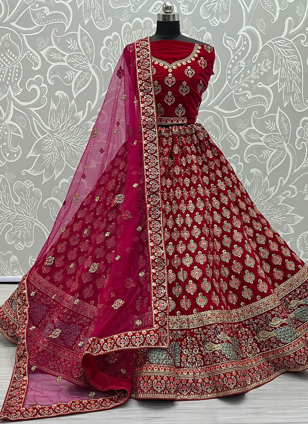 A Line Lehenga Velvet Maroon Booti Lehenga Choli