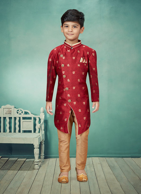 Indo Western Jacquard Maroon Lace Kids