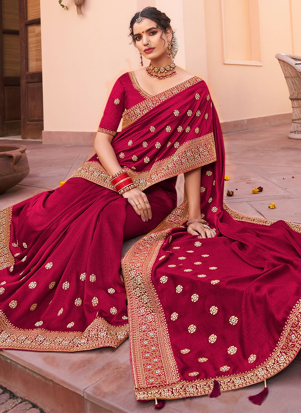 Trendy Saree Vichitra Silk Maroon Embroidered Saree