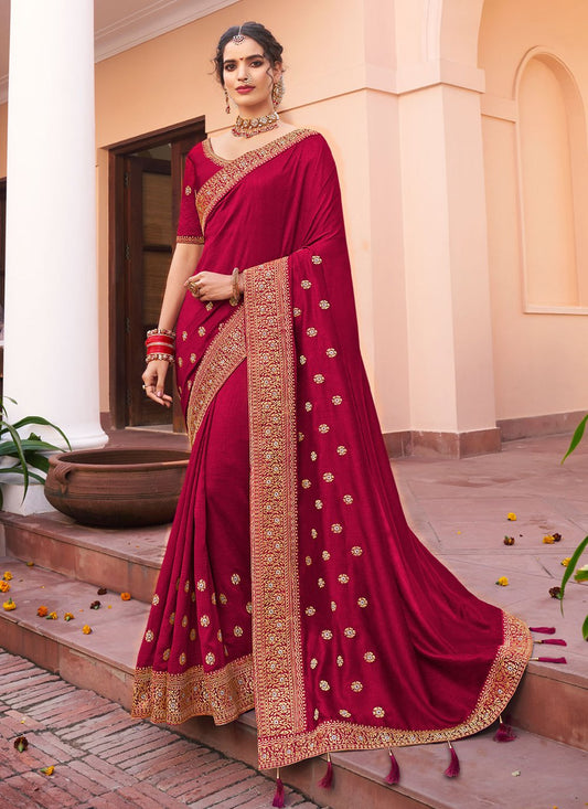 Trendy Saree Vichitra Silk Maroon Embroidered Saree