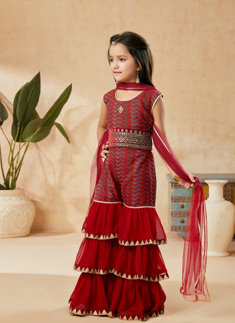 Sharara Set Handloom Silk Maroon Embroidered Kids