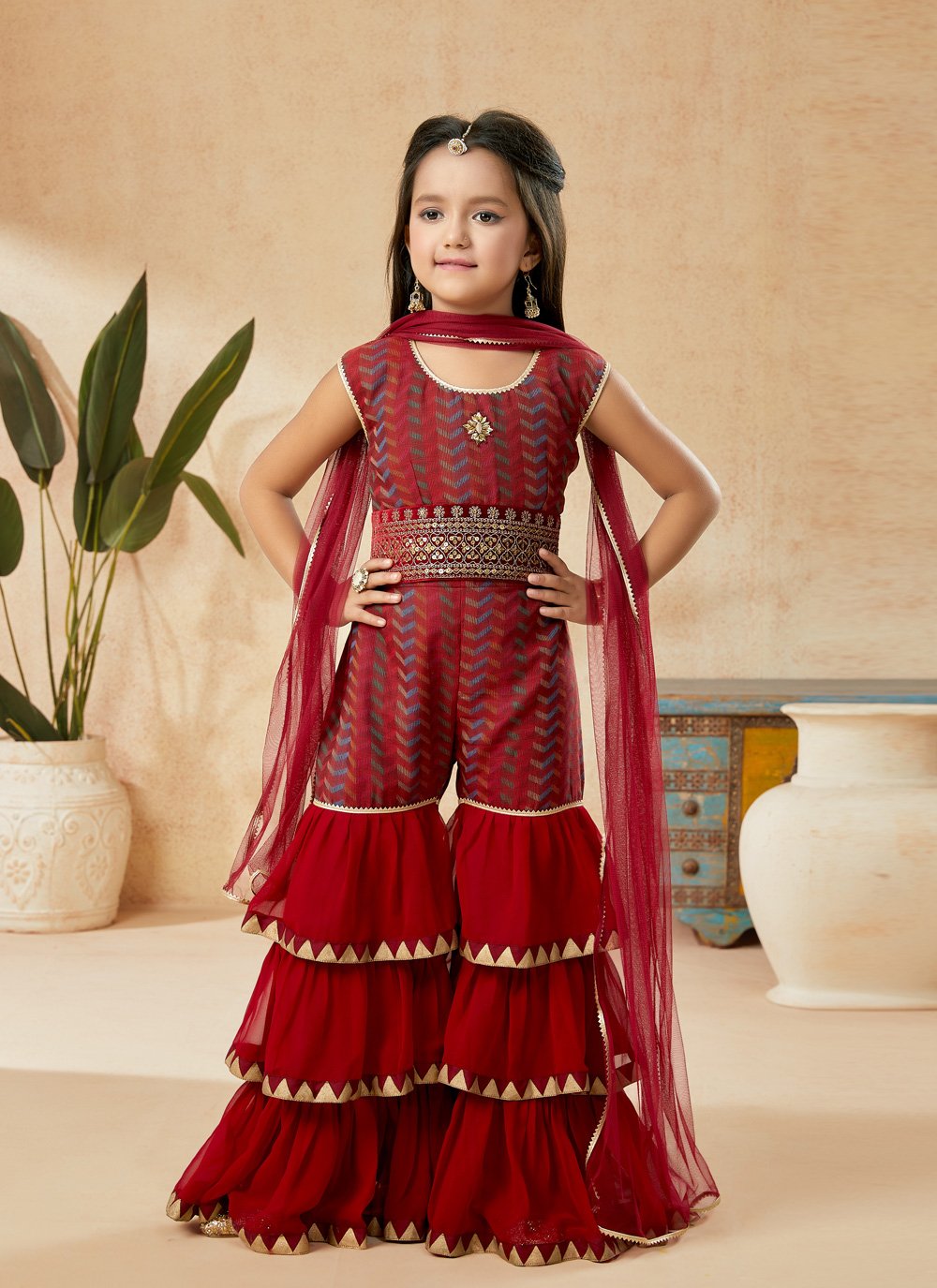 Sharara Set Handloom Silk Maroon Embroidered Kids