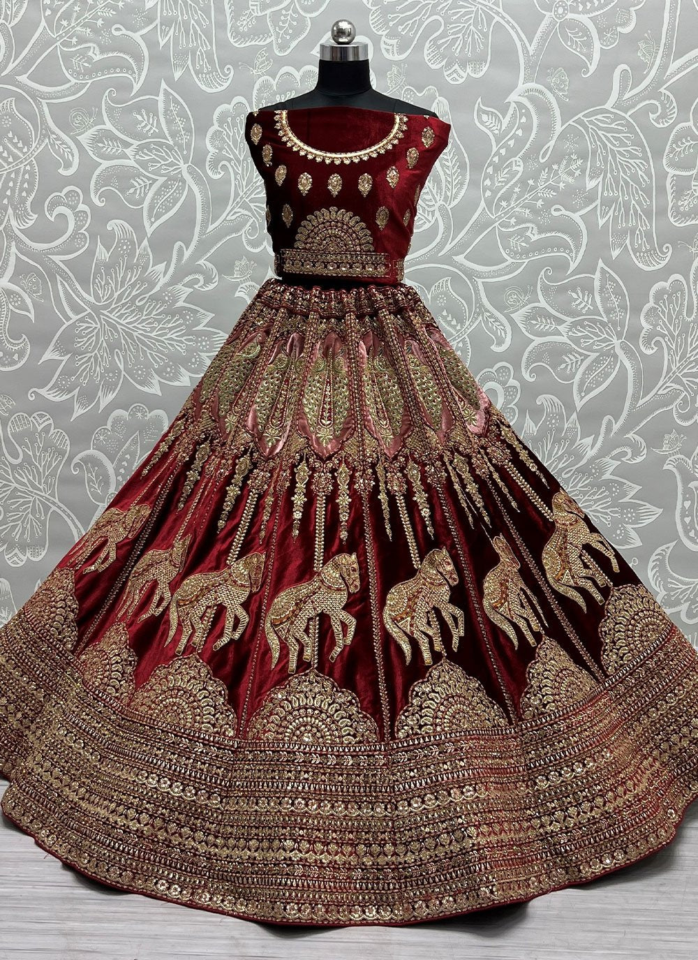 Lehenga Choli Velvet Maroon Diamond Lehenga Choli