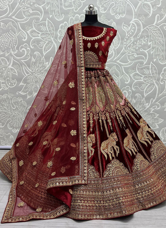 Lehenga Choli Velvet Maroon Diamond Lehenga Choli