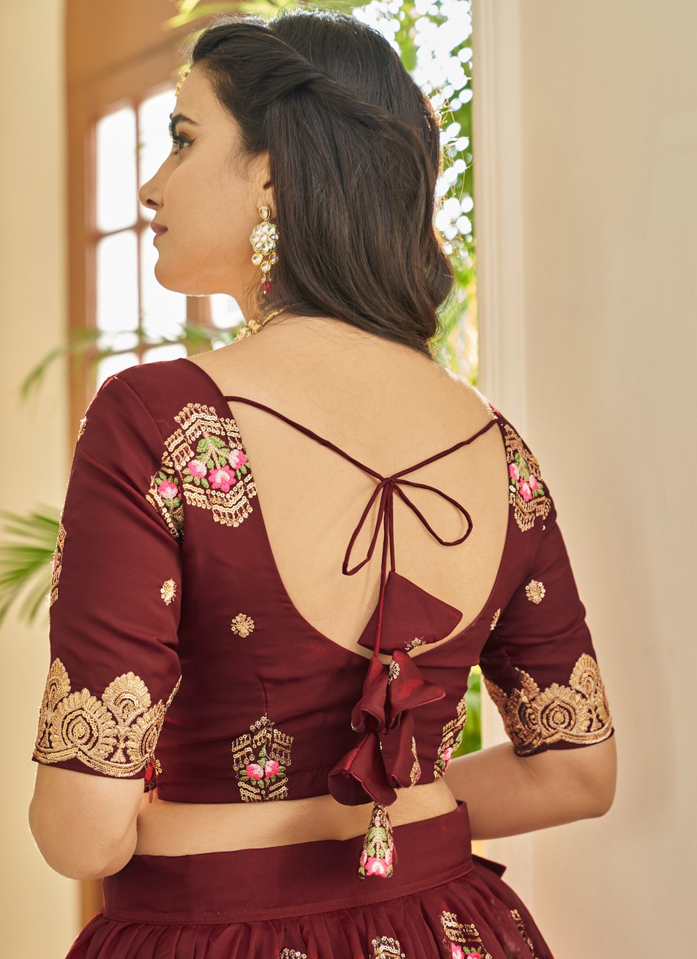 A Line Lehenga Organza Maroon Embroidered Lehenga Choli