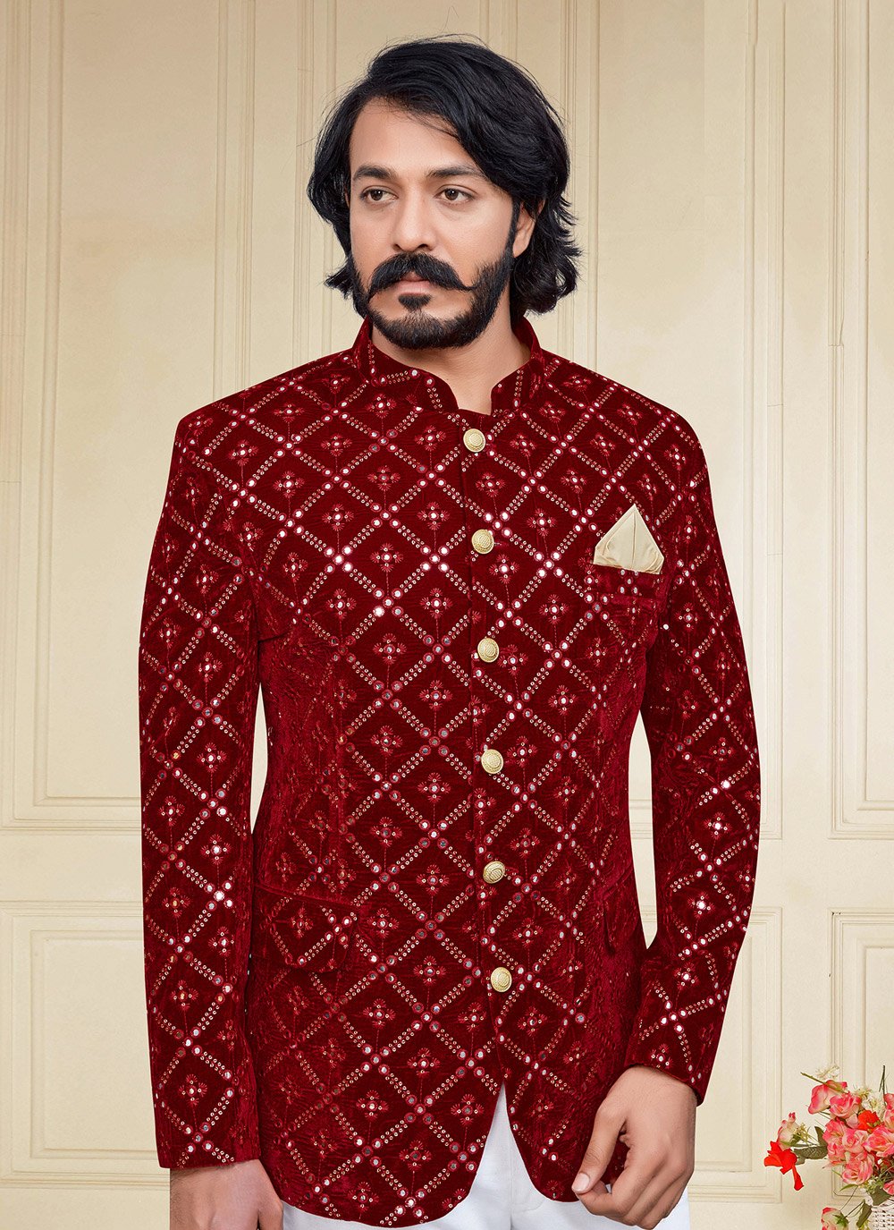 Jodhpuri Suit Velvet Maroon Embroidered Mens