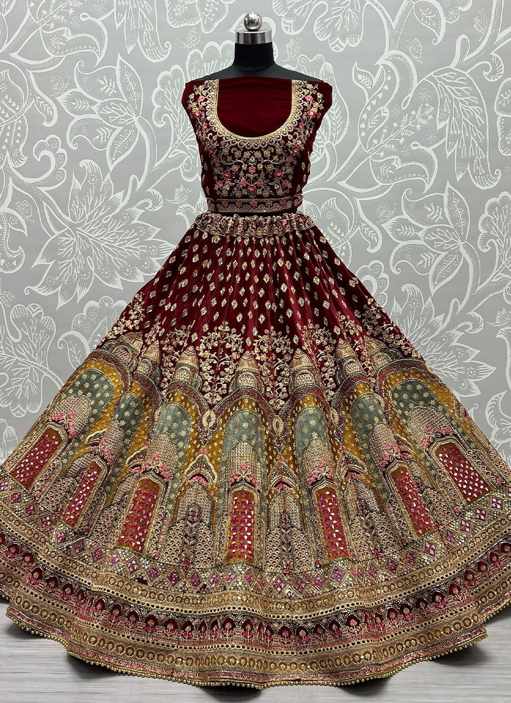 A Line Lehenga Velvet Maroon Dori Work Lehenga Choli