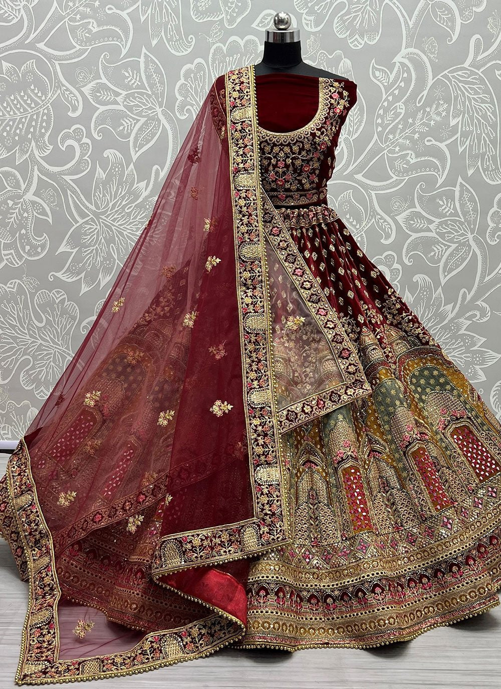 A Line Lehenga Velvet Maroon Dori Work Lehenga Choli