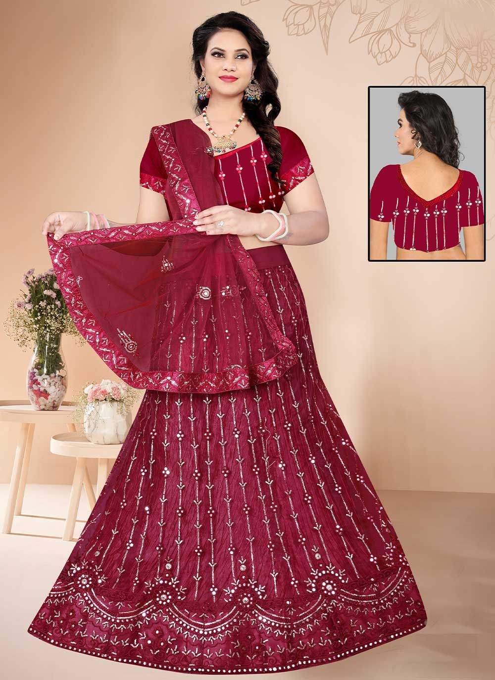 Lehenga Choli Net Maroon Embroidered Lehenga Choli