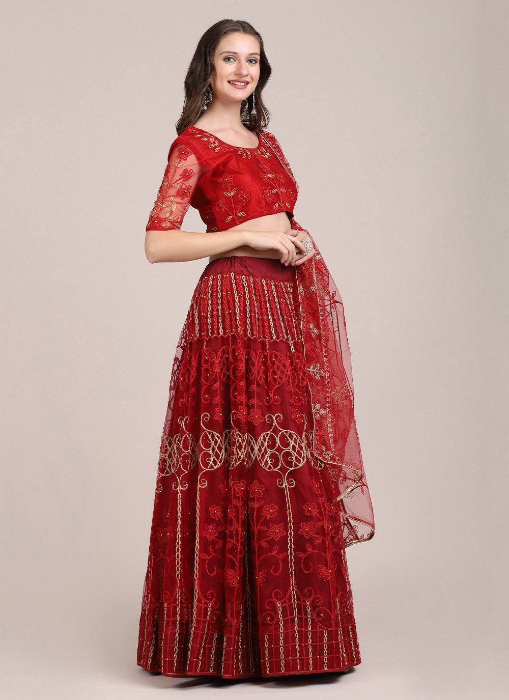 Lehenga Choli Net Maroon Embroidered Lehenga Choli