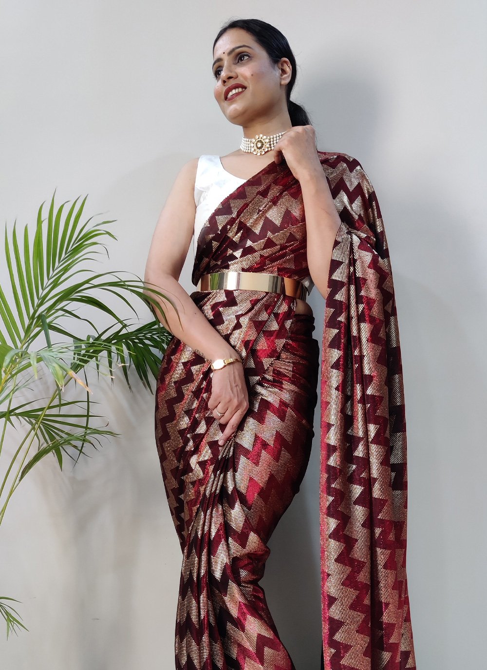 Classic Net Maroon Foil Print Saree