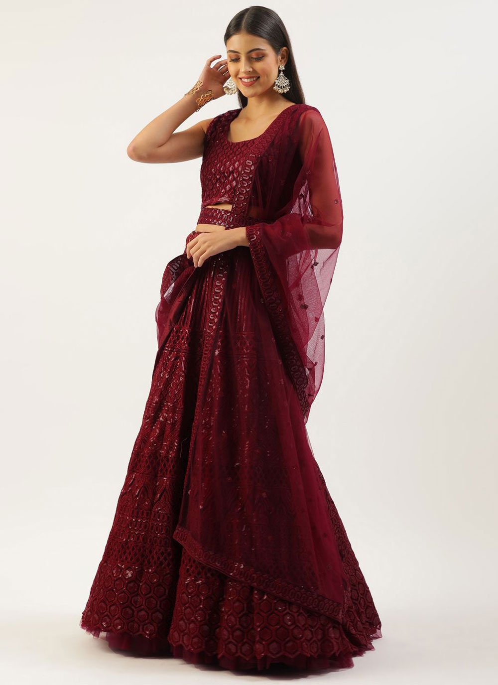 Lehenga Choli Net Maroon Embroidered Lehenga Choli