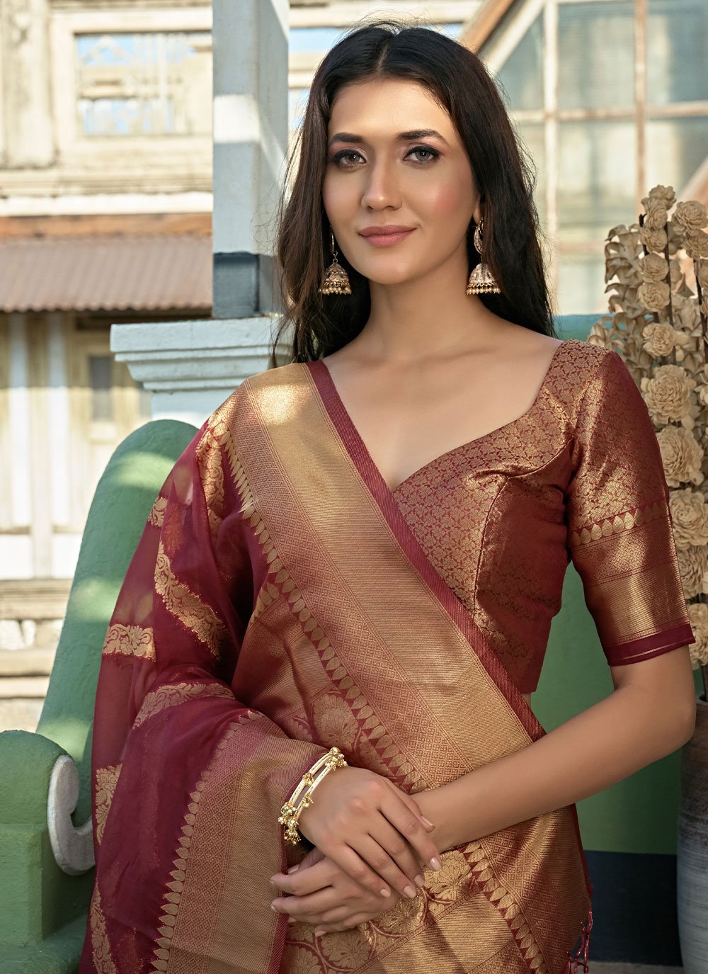 Classic Organza Silk Maroon Weaving Saree