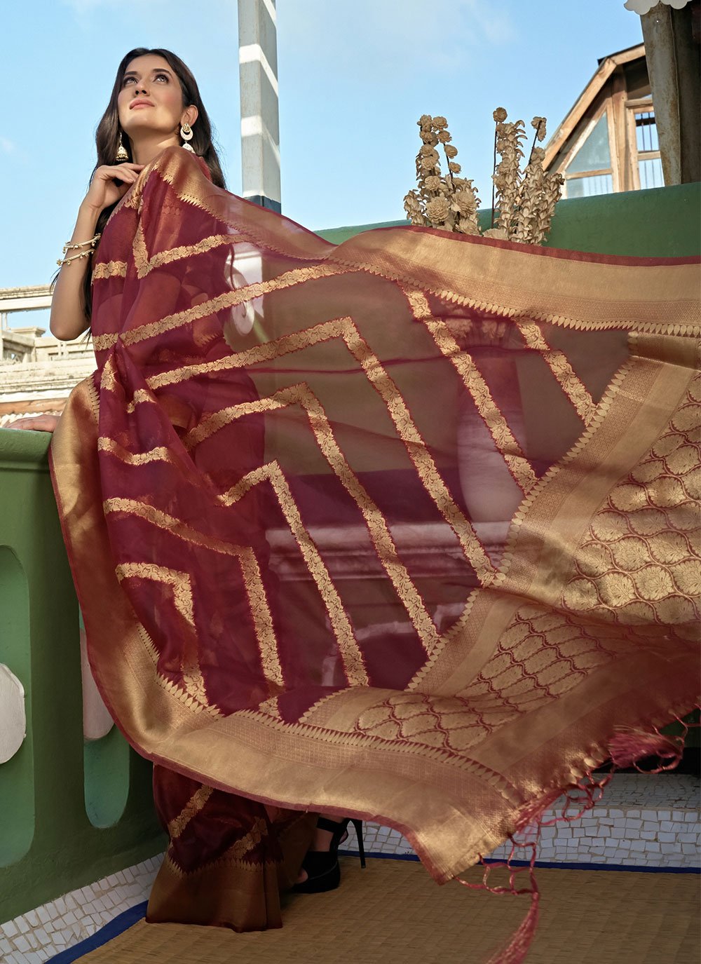 Classic Organza Silk Maroon Weaving Saree