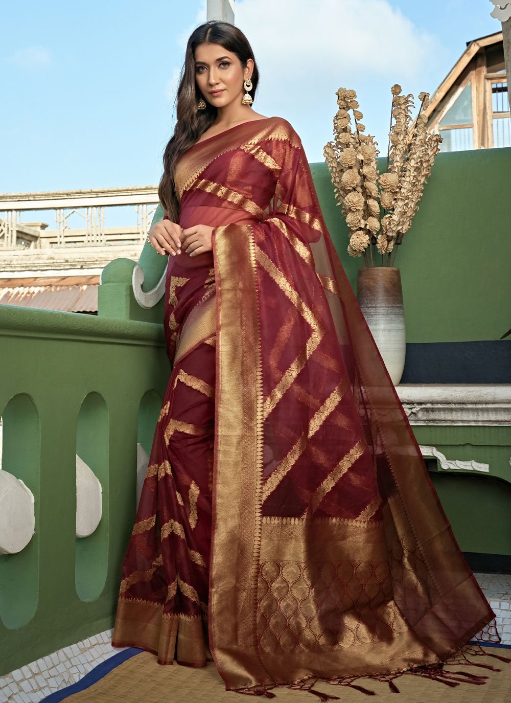 Classic Organza Silk Maroon Weaving Saree