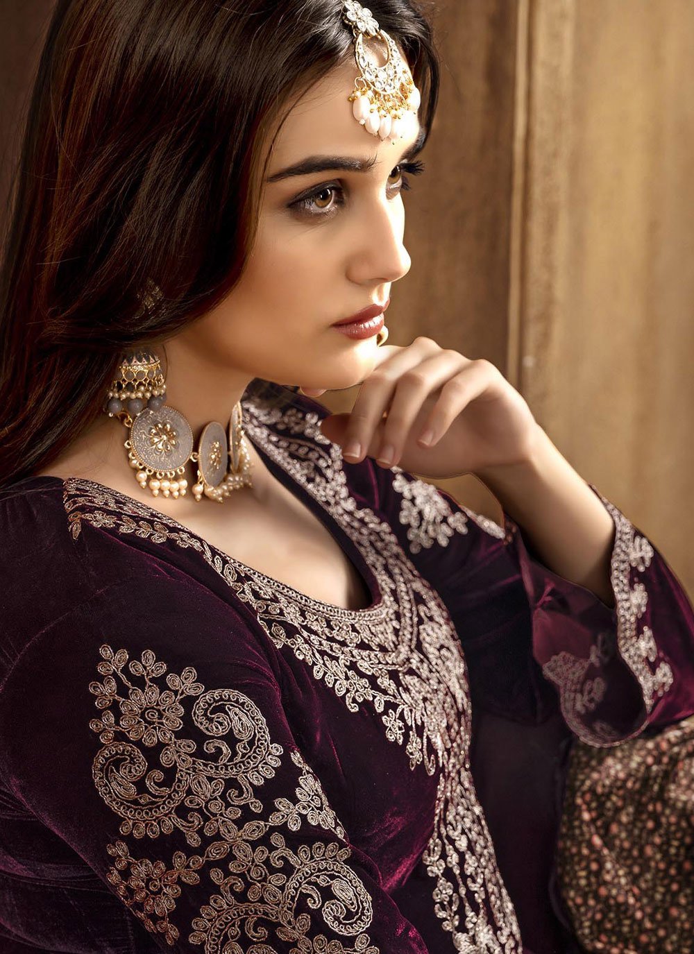 Palazzo Salwar Suit Velvet Maroon Embroidered Salwar Kameez