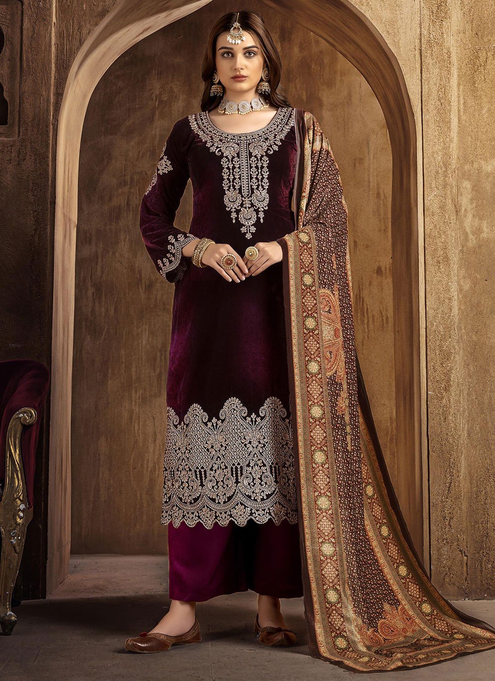 Palazzo Salwar Suit Velvet Maroon Embroidered Salwar Kameez