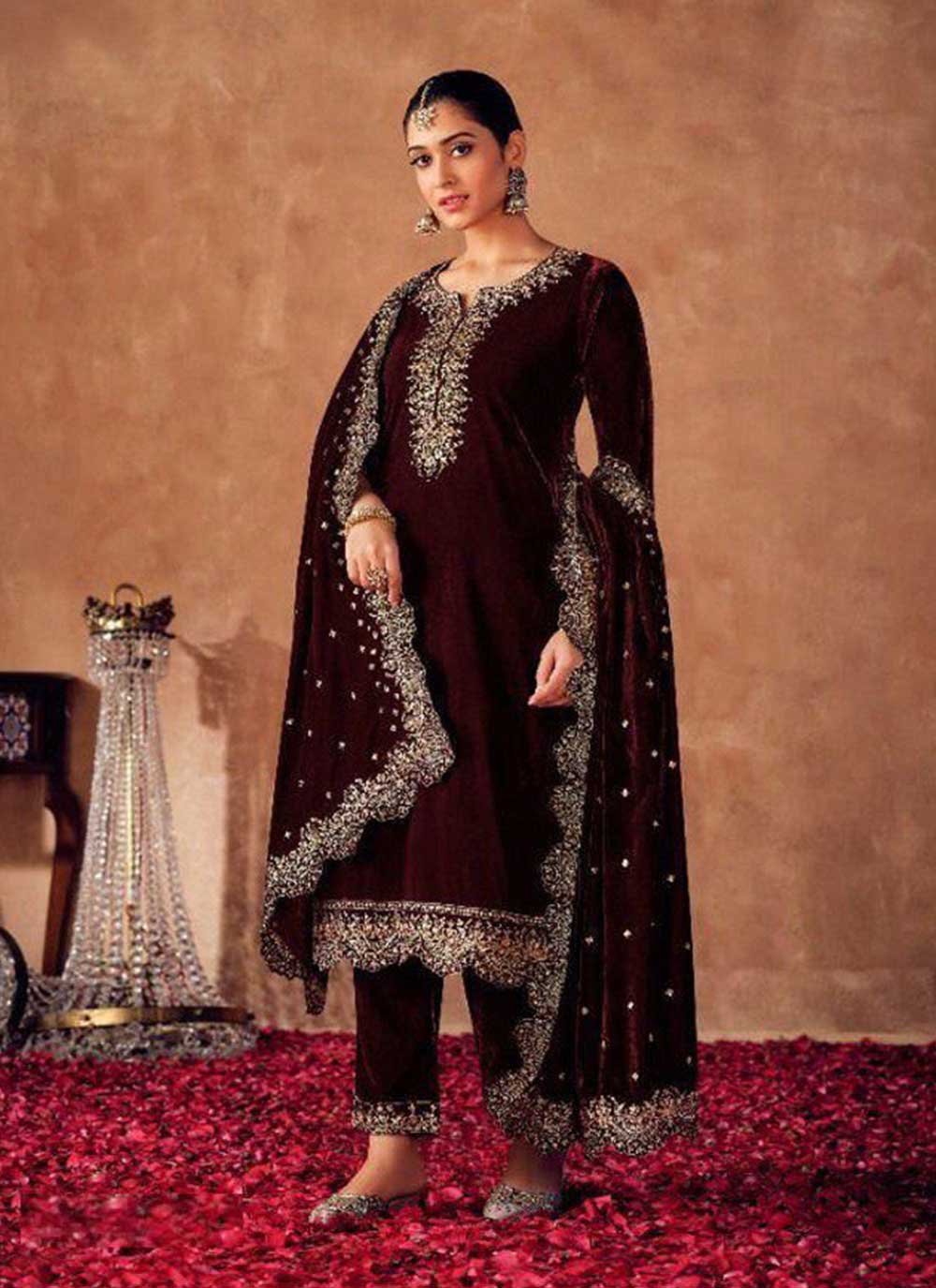 Pant Style Suit Velvet Maroon Embroidered Salwar Kameez