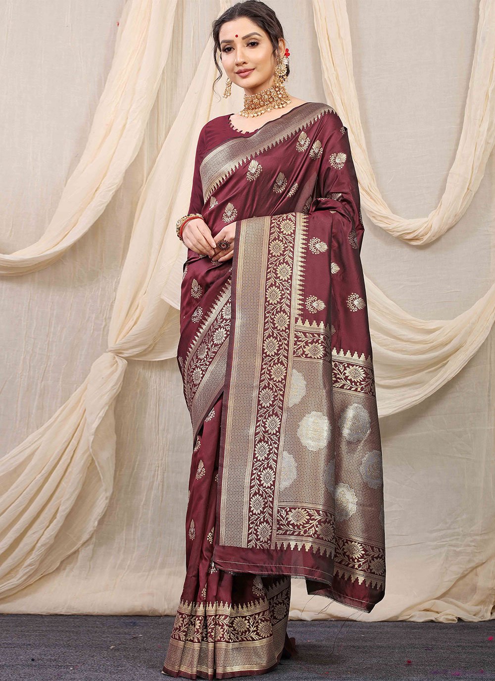 Contemporary Banarasi Silk Maroon Jacquard Work Saree