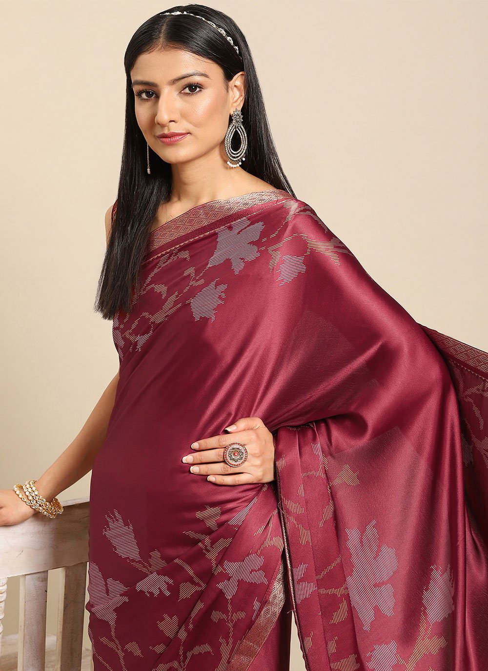 Contemporary Satin Maroon Floral Patch Saree