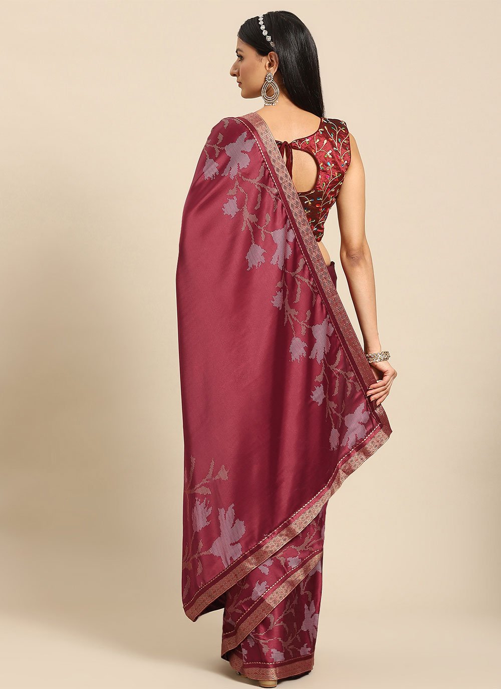 Contemporary Satin Maroon Floral Patch Saree