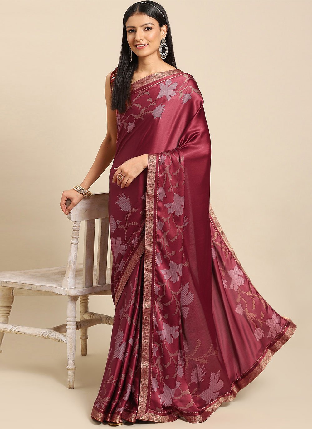 Contemporary Satin Maroon Floral Patch Saree