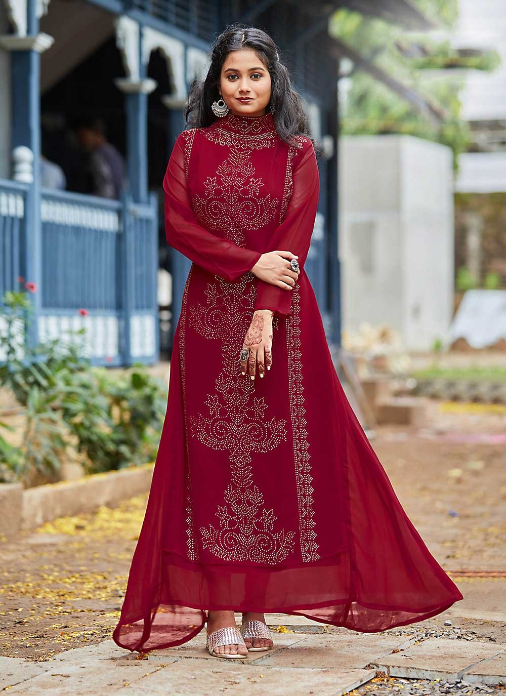 Gown Faux Georgette Maroon Swarovski Gown