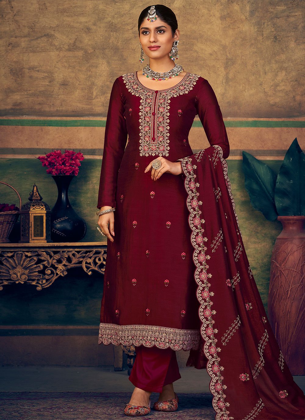 Floor Lenght Salwar Suit Pure Silk Maroon Cord Work Salwar Kameez