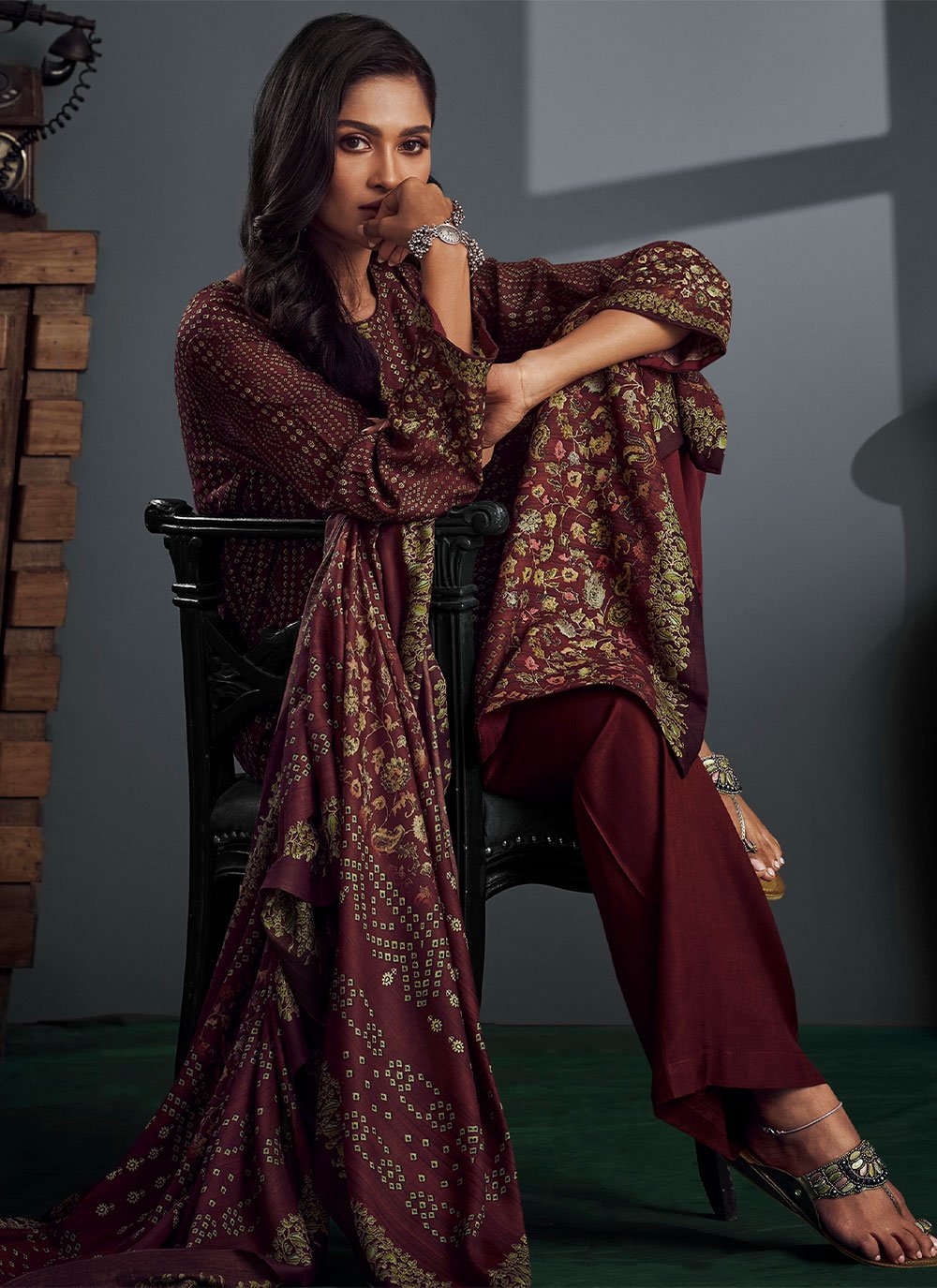 Palazzo Salwar Suit Pashmina Maroon Digital Print Salwar Kameez