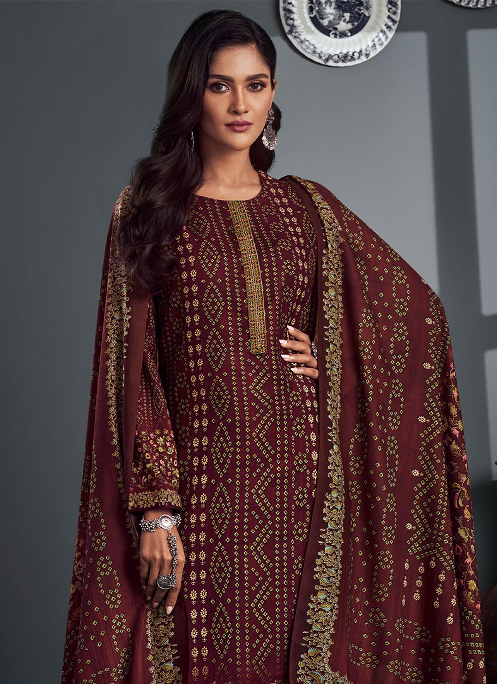 Palazzo Salwar Suit Pashmina Maroon Digital Print Salwar Kameez