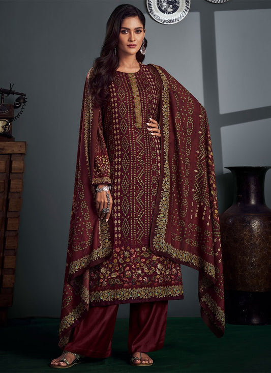 Palazzo Salwar Suit Pashmina Maroon Digital Print Salwar Kameez