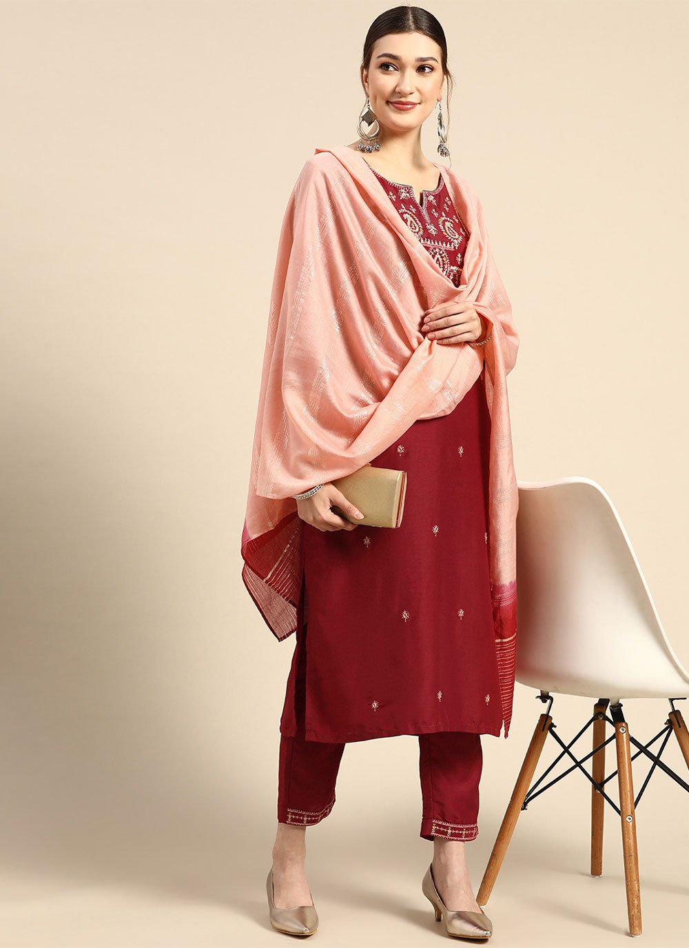 Salwar Suit Chinon Maroon Embroidered Salwar Kameez