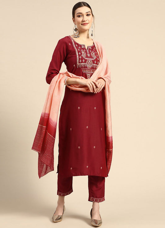 Salwar Suit Chinon Maroon Embroidered Salwar Kameez