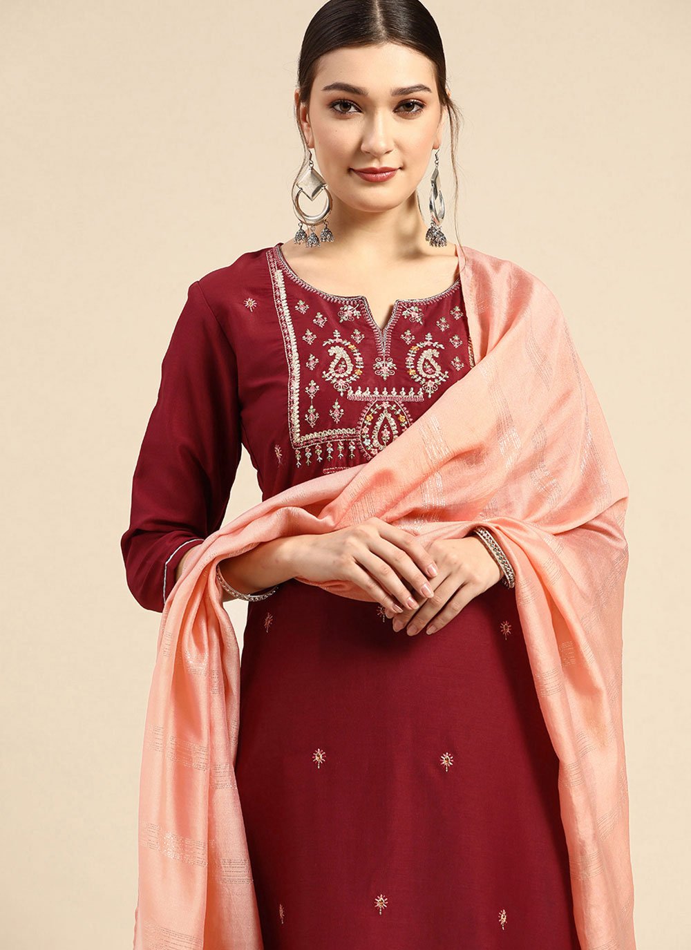 Salwar Suit Chinon Maroon Embroidered Salwar Kameez