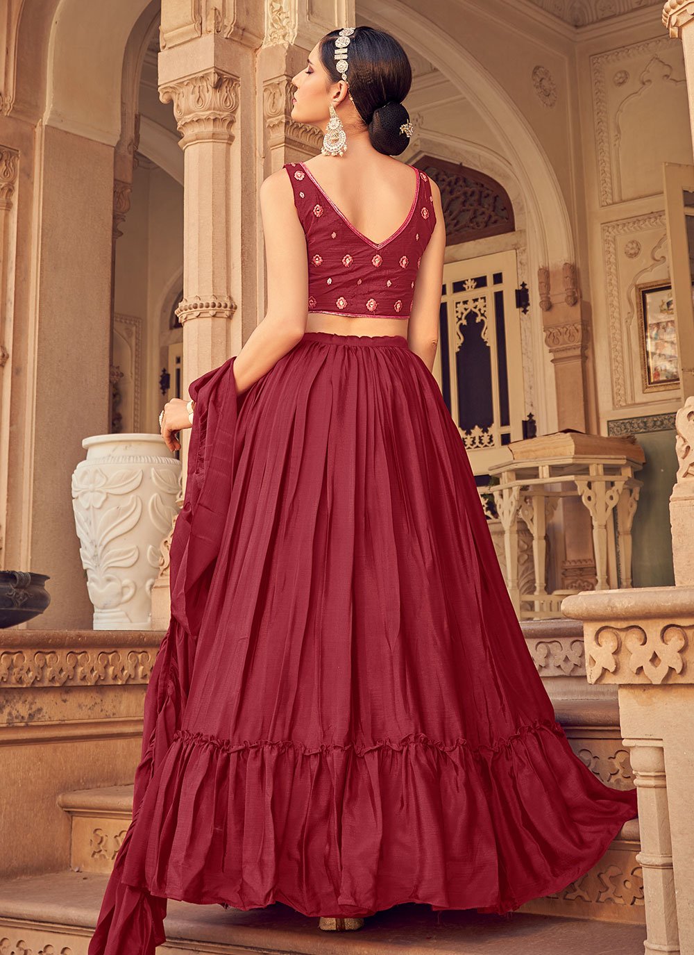 Lehenga Choli Chinon Maroon Plain Lehenga Choli