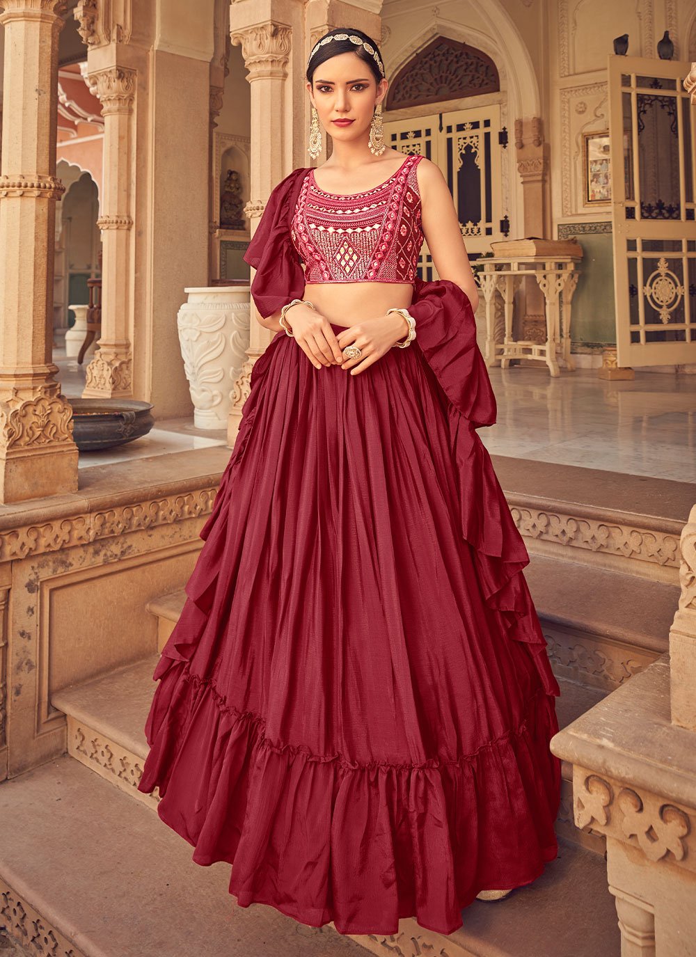 Lehenga Choli Chinon Maroon Plain Lehenga Choli